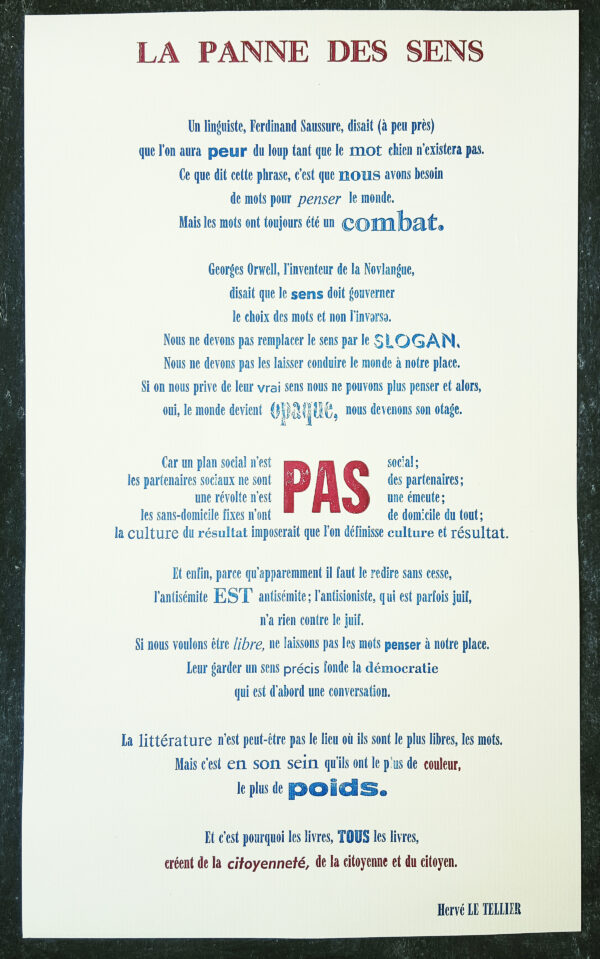 Affiche typographique d'un texte d'Hervé Le Tellier