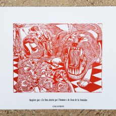 Gravure sur bois illustrant la Fable de la Fontaine "La lion abattu par l'homme"