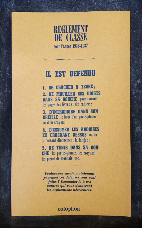 Affiche d'un réglement de classe de l'année 1963-1937