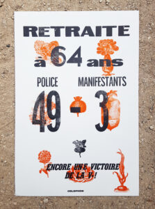 affiche typographique dénonçant le refus d'écouter la contestation du passage de l'âge de la retraite à 64 ans