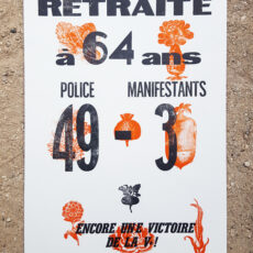 affiche typographique dénonçant le refus d'écouter la contestation du passage de l'âge de la retraite à 64 ans