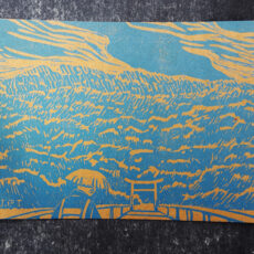 linogravure d'un pont japonais sur papier beige